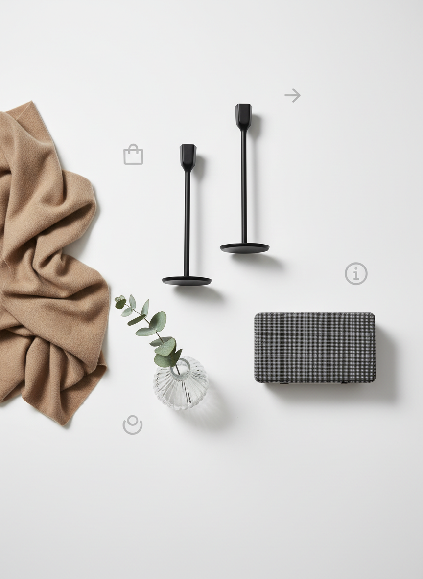 A refined product flatlay of modern home decor essentials arranged on a matte white surface: a pair of sleek black metal candleholders, a folded cashmere throw in warm taupe, a small ribbed glass vase with a single eucalyptus stem, and a minimal wireless speaker with fabric texture. Discreet, stylized icon-like tags near each object hint at affiliate-style links and disclosures without any readable text, reinforcing the curated shopping concept. Overhead photographic composition with soft studio lighting, creating delicate shadows and subtle highlights that emphasize materials and textures. The mood is sophisticated, organized, and aspirational, echoing a modern must-have checklist for the stylish home.