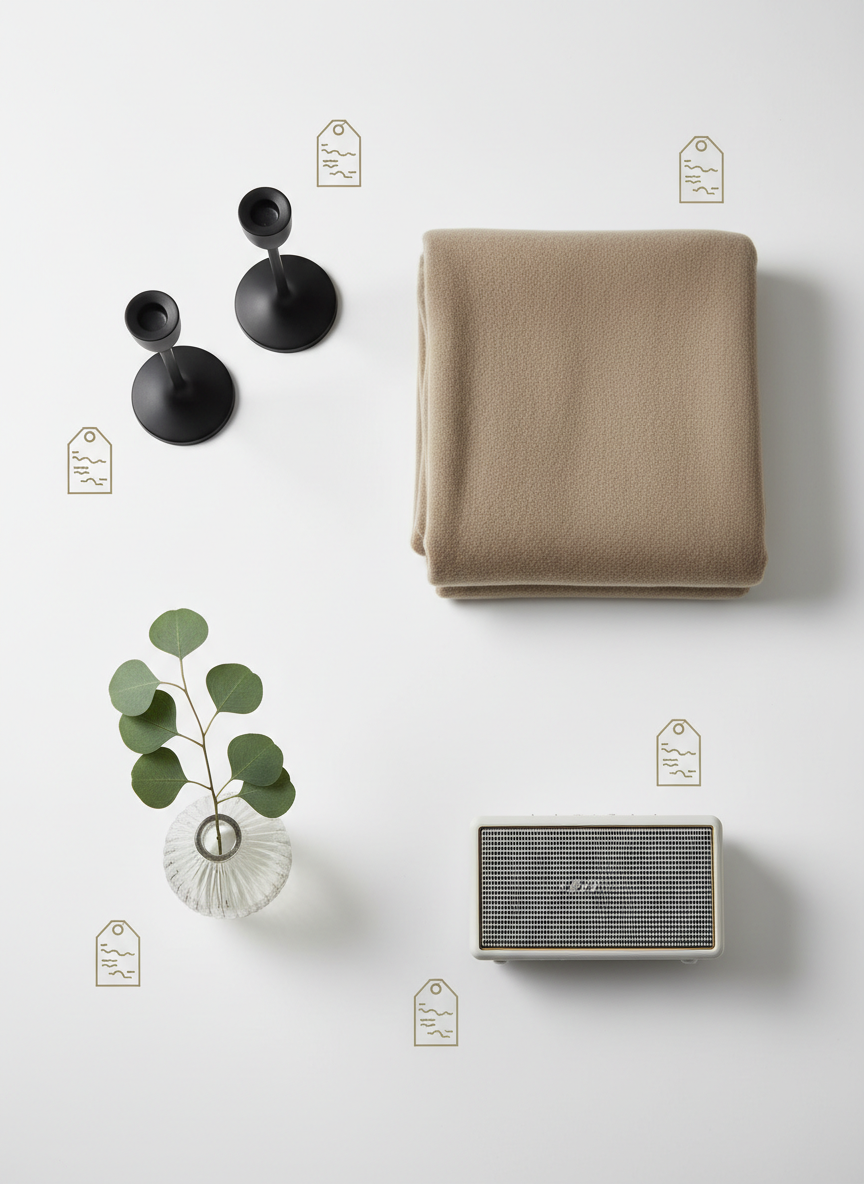 A refined product flatlay of modern home decor essentials arranged on a matte white surface: a pair of sleek black metal candleholders, a folded cashmere throw in warm taupe, a small ribbed glass vase with a single eucalyptus stem, and a minimal wireless speaker with fabric texture. Discreet, stylized icon-like tags near each object hint at affiliate-style links and disclosures without any readable text, reinforcing the curated shopping concept. Overhead photographic composition with soft studio lighting, creating delicate shadows and subtle highlights that emphasize materials and textures. The mood is sophisticated, organized, and aspirational, echoing a modern must-have checklist for the stylish home.