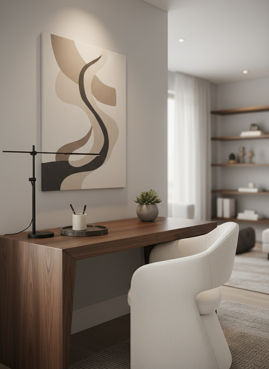 A sophisticated home office corner designed with modern must-have decor: a slim walnut desk with beveled edges, a sculptural ergonomic chair in cream boucle fabric, and a streamlined black metal task lamp. On the wall above, a refined banner-like abstract graphic in neutral tones subtly suggests the site’s owner logo without text, acting as a tasteful focal point. The desk surface holds a curated tray with a ceramic pen cup and a small plant in a matte stone pot. Soft natural daylight from an unseen side window blends with warm overhead recessed lighting. Photographic realism, shot from a slightly elevated three-quarter angle, with a calm, focused atmosphere suited to an elegant shopping and inspiration site.