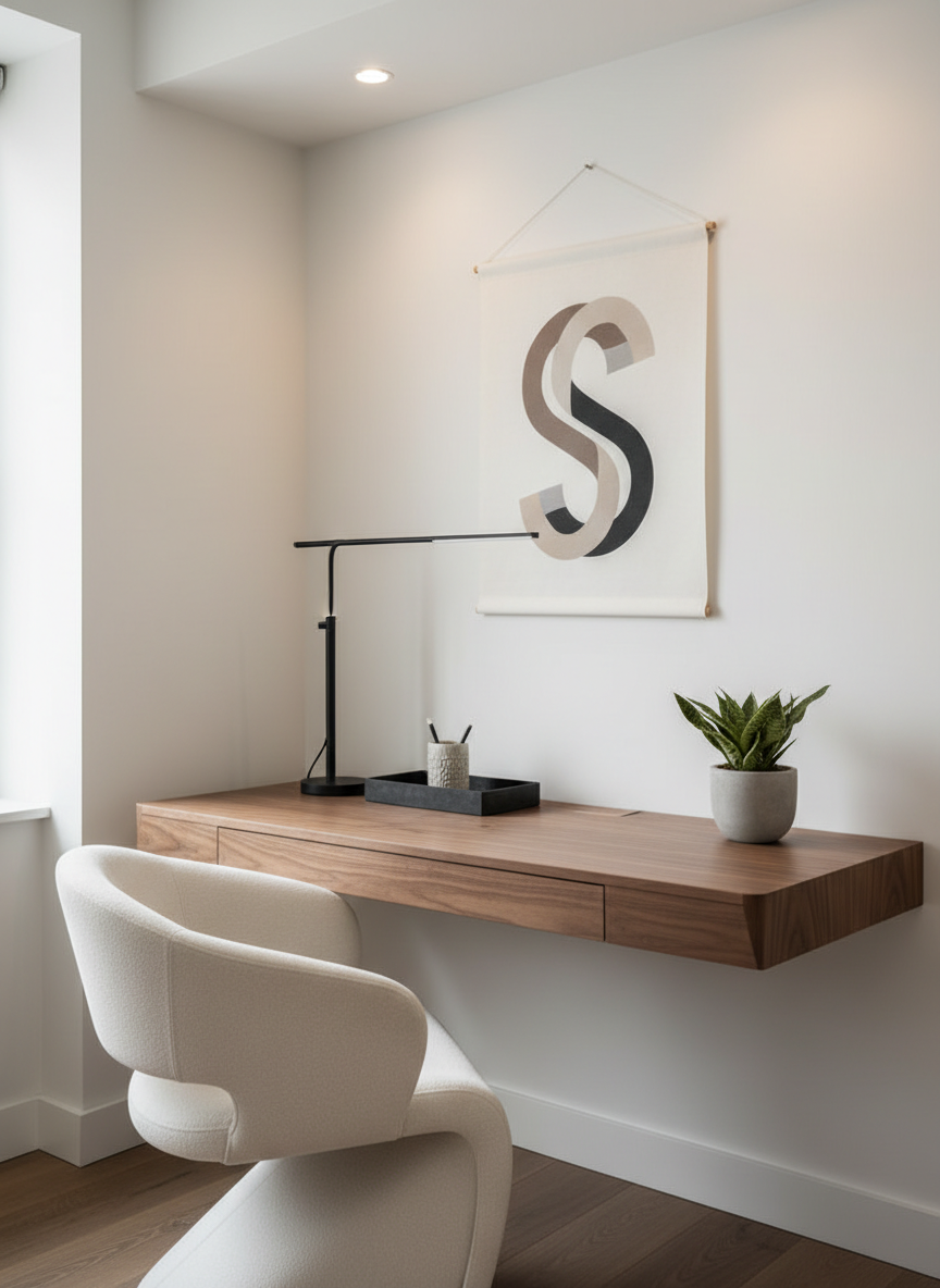 A sophisticated home office corner designed with modern must-have decor: a slim walnut desk with beveled edges, a sculptural ergonomic chair in cream boucle fabric, and a streamlined black metal task lamp. On the wall above, a refined banner-like abstract graphic in neutral tones subtly suggests the site’s owner logo without text, acting as a tasteful focal point. The desk surface holds a curated tray with a ceramic pen cup and a small plant in a matte stone pot. Soft natural daylight from an unseen side window blends with warm overhead recessed lighting. Photographic realism, shot from a slightly elevated three-quarter angle, with a calm, focused atmosphere suited to an elegant shopping and inspiration site.