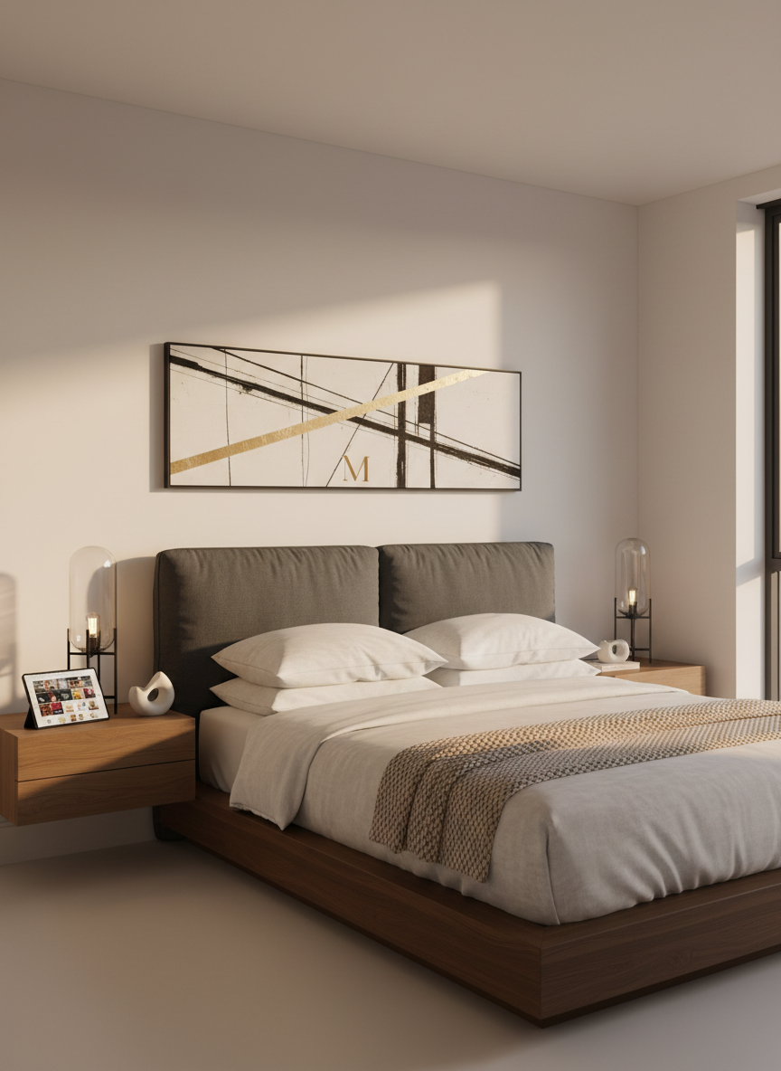 A luxurious modern bedroom vignette capturing essential decor details: a low platform bed with a padded charcoal headboard, layered with crisp white linens and a neatly folded sand-colored throw. Floating oak nightstands flank the bed, each holding a slim glass table lamp and a small sculptural decor piece. Above the headboard, a wide horizontal banner-style abstract artwork in black, white, and muted gold subtly alludes to a brand logo. On one nightstand, a tablet screen is angled just enough to suggest an online catalog of home products without showing any legible text. Golden-hour window light washes across the scene, creating soft gradients on the walls. Photographic realism, eye-level composition, serene and sophisticated mood.