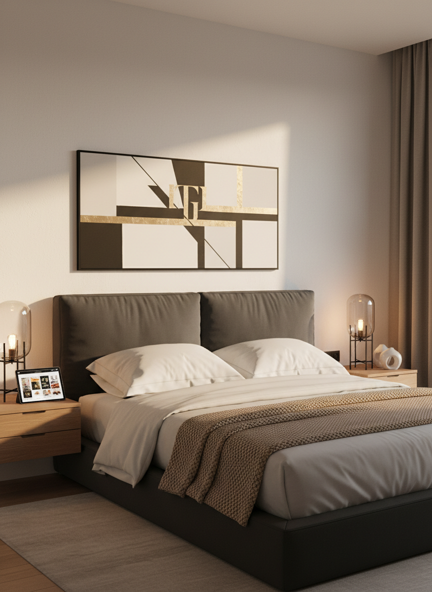 A luxurious modern bedroom vignette capturing essential decor details: a low platform bed with a padded charcoal headboard, layered with crisp white linens and a neatly folded sand-colored throw. Floating oak nightstands flank the bed, each holding a slim glass table lamp and a small sculptural decor piece. Above the headboard, a wide horizontal banner-style abstract artwork in black, white, and muted gold subtly alludes to a brand logo. On one nightstand, a tablet screen is angled just enough to suggest an online catalog of home products without showing any legible text. Golden-hour window light washes across the scene, creating soft gradients on the walls. Photographic realism, eye-level composition, serene and sophisticated mood.