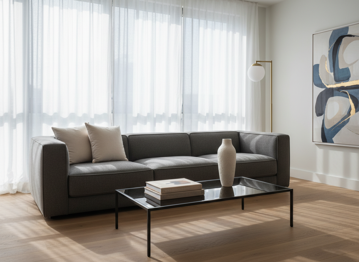 A meticulously styled modern living room showcasing essential home decor must-haves: a low-profile gray modular sofa with crisp tailoring, a slim black metal coffee table with a smoked-glass top, and a sculptural floor lamp in brushed brass. On the coffee table, a neat arrangement of design books and a minimalist ceramic vase subtly references curated Amazon-style product selections without using text. The room sits in front of full-height windows, sheer white curtains filtering soft afternoon light that casts gentle, elongated shadows across a pale oak floor. Photographic realism, shot at eye level with a wide lens, sharp focus throughout, and a clean, sophisticated atmosphere that feels like a premium home decor shopping destination.