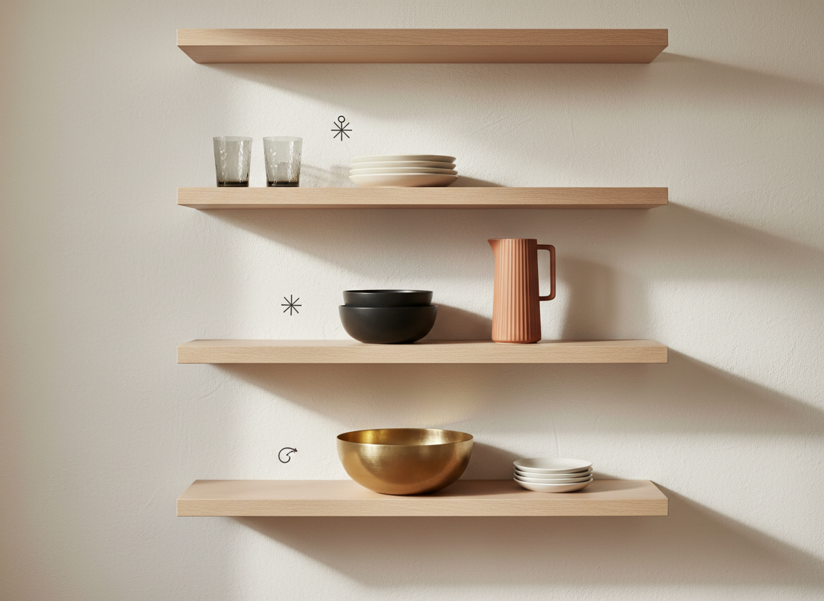 A chic open-shelf styling scene in a modern dining area, featuring pale oak shelves mounted on a warm white wall. Carefully curated decor objects—stacked stoneware plates, smoky glass tumblers, matte black serving bowls, a ribbed ceramic pitcher, and a brushed brass centerpiece bowl—are arranged with elegant negative space, evoking a collection of must-have Amazon finds. Tiny, non-textual icon markers appear near select pieces, symbolizing affiliate link disclosures in a tasteful, abstract way. Soft diffused daylight from a nearby window creates gentle reflections on the glass and subtle shadows on the wall. Photographic realism, straight-on framing with sharp focus, resulting in a calm, gallery-like presentation that feels both shoppable and sophisticated.